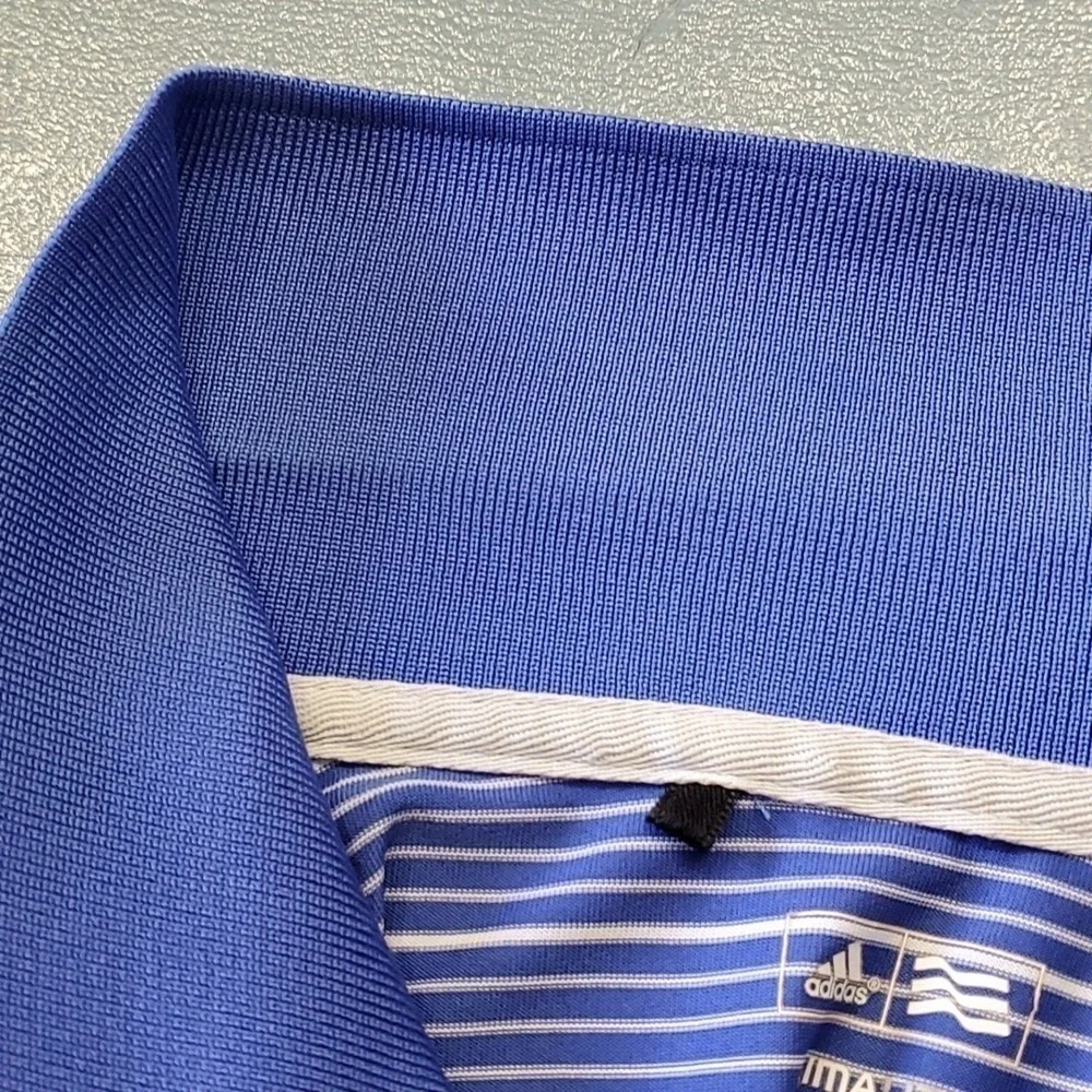 ADIDAS, Mens blue and white striped polo shirt. Size large Great used condition.